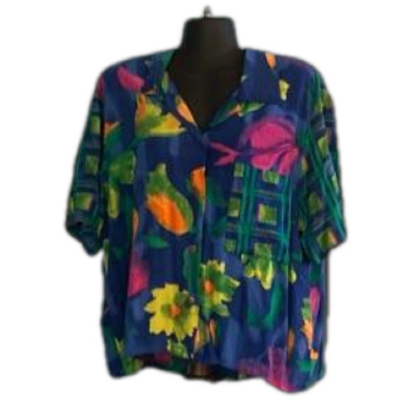 2X CM Shapes pink blue yellow floral print short sleeve button up shirt - Picture 2 of 15